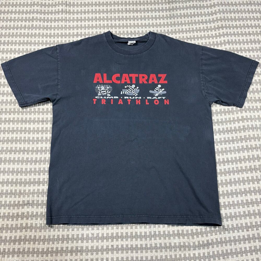 Vintage Alcatraz Triathlon Climb Run‎ Raft Graphic Black T-Shirt Men Sz XL